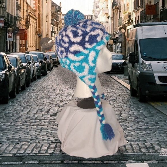 Girls Multi Blues & White Lined Beanie Hat with Braided Ties and Pompom - Picture 2 of 8